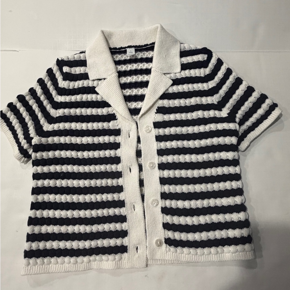 Old Navy, Navy and White Striped Short-Sleeve Cardigan. Gently worn.